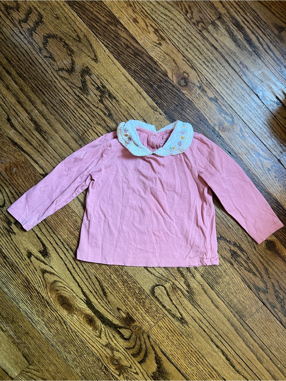 Girls' Pink Long-Sleeve Top with White Embroidered Collar